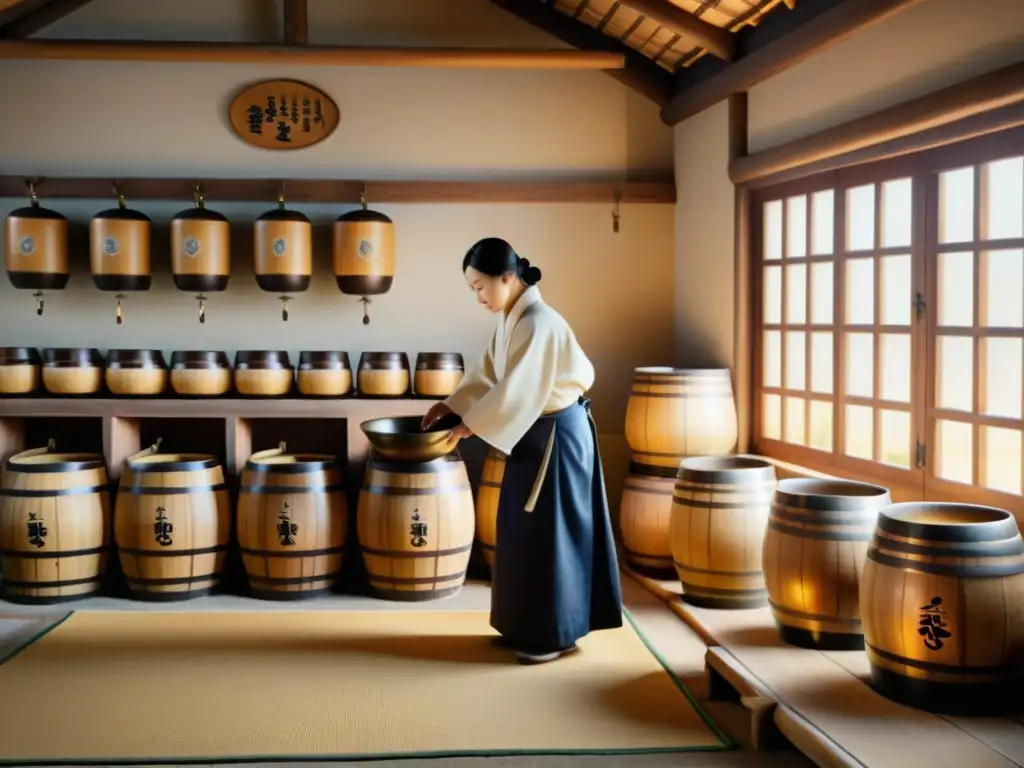 Artesanos elaborando Makgeolli, bebida tradicional coreana, en una bodega tradicional con barriles de madera y arquitectura histórica