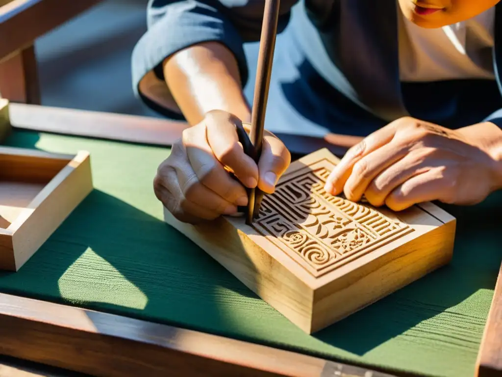 Artesanos chinos tallan bloques de madera para imprimir, con meticulosidad y tradición en la revolución papel imprenta antigua China