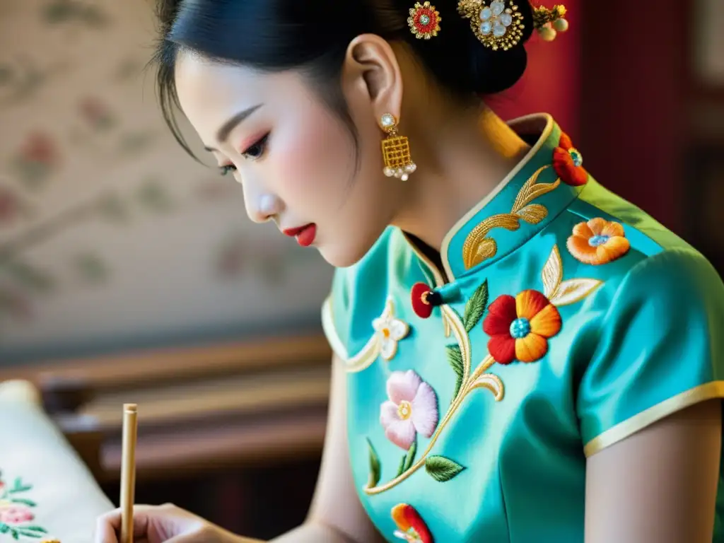 Artesanos chinos creando un hermoso traje Qipao, demostrando su seducción, tradición y cultura asiática con exquisitos detalles y colores vibrantes