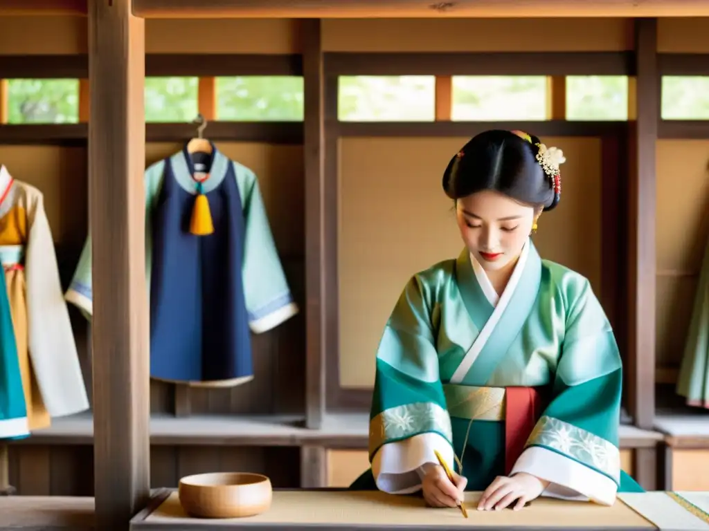 Artesanos coreanos confeccionando hanbok en un taller rústico, mostrando la artesanía y elegancia de las vestimentas indicadoras clase Corea China