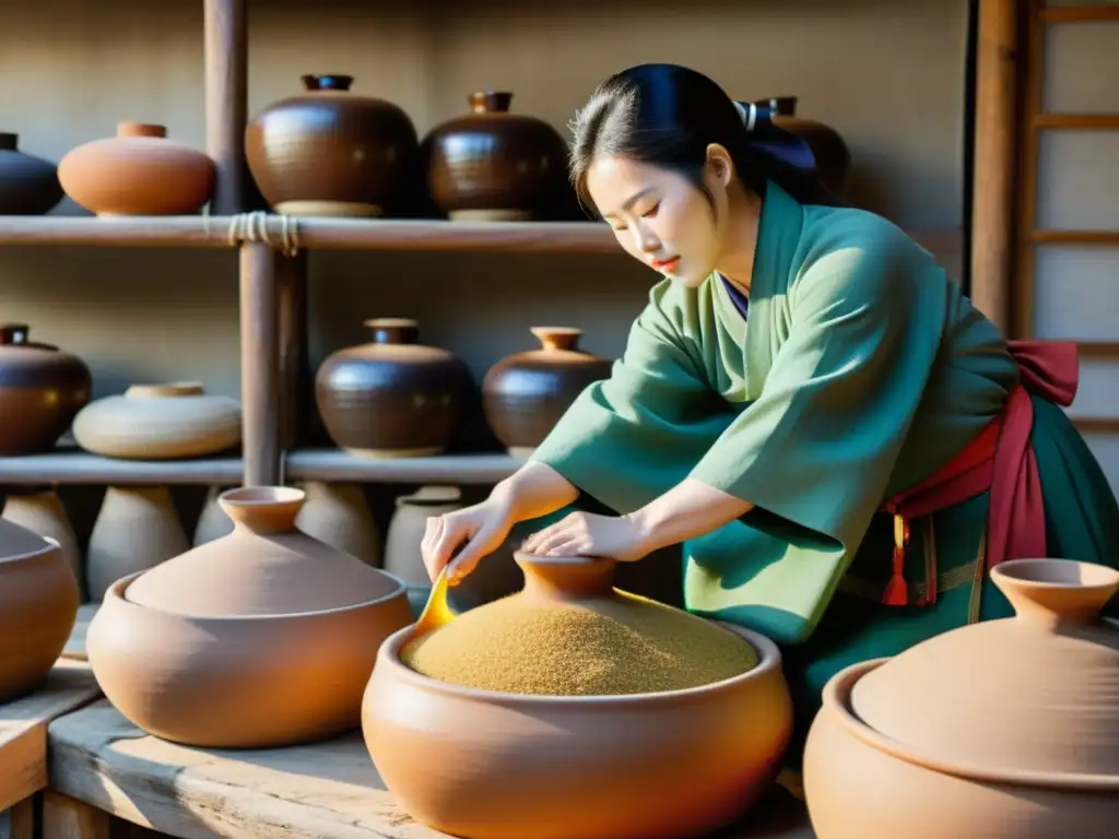 Artesanos coreanos destilan Soju: tradición y maestría Artesanos coreanos elaborando tradicionalmente el Soju, con el cálido resplandor ambarino de la bebida y el aroma a fermentación
