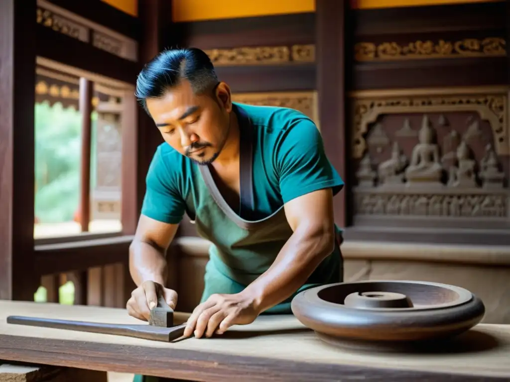 Artesanos restaurando con cuidado un templo asiático antiguo, preservando su belleza arquitectónica y cultural con métodos tradicionales y modernos