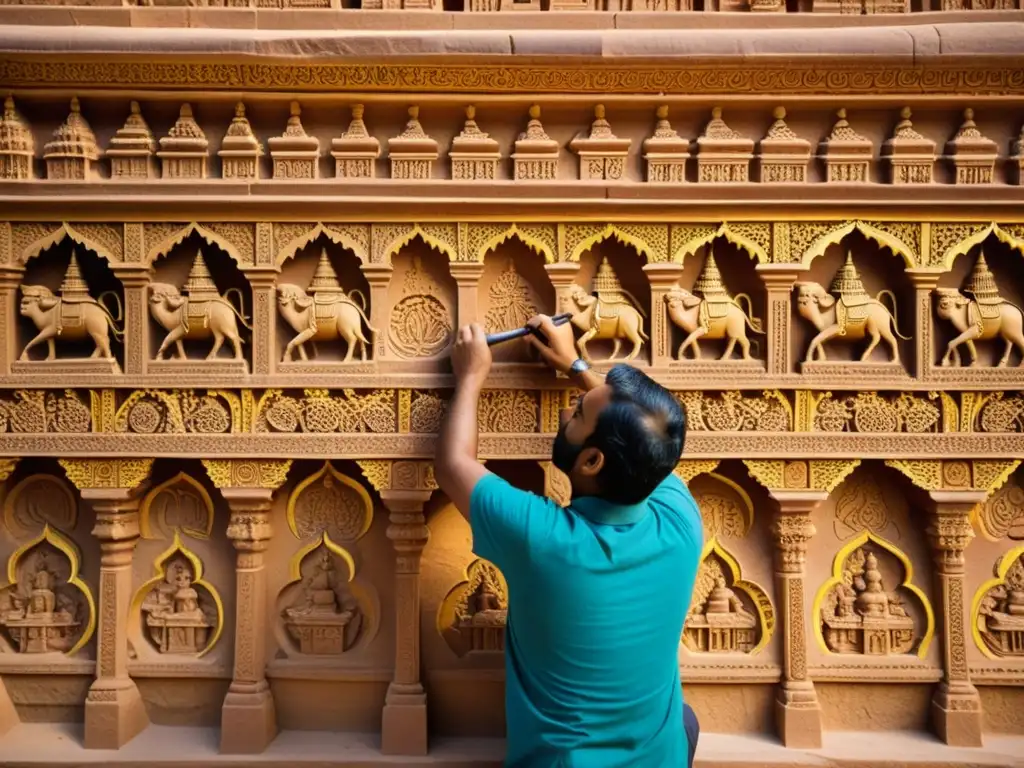 Artesanos hindúes tallando diseños en la arquitectura templos hindúes en Asia, con pigmentos vibrantes y detalles de hoja de oro, rodeados de herramientas tradicionales y modernas, capturando la artesanía atemporal y la dedicación