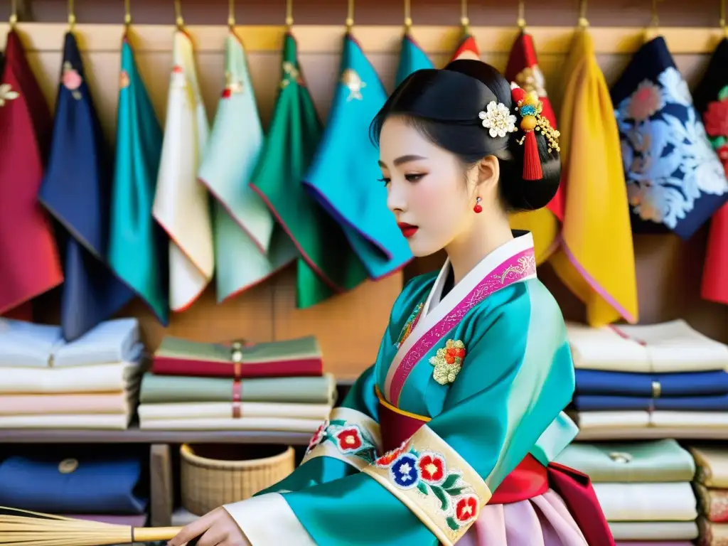 Hanbok: Tradición y Modernidad en un Mercado de Seúl Artesanos creando un hanbok en un bullicioso mercado tradicional de Seúl, fusionando tradición y modernidad en la resurrección del Hanbok en moda