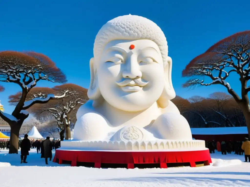 Artesanos esculpen una impresionante escultura de nieve en el Festival de la Nieve Sapporo, con detalles intrincados y vibrantes colores de fondo