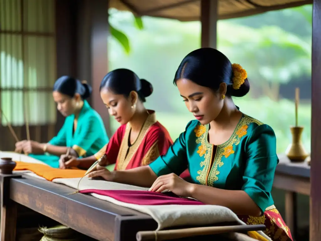 Artesanos indonesios confeccionando kebayas tradicionales en un taller lleno de colores y aromas, reflejando la historia del kebaya en Indonesia