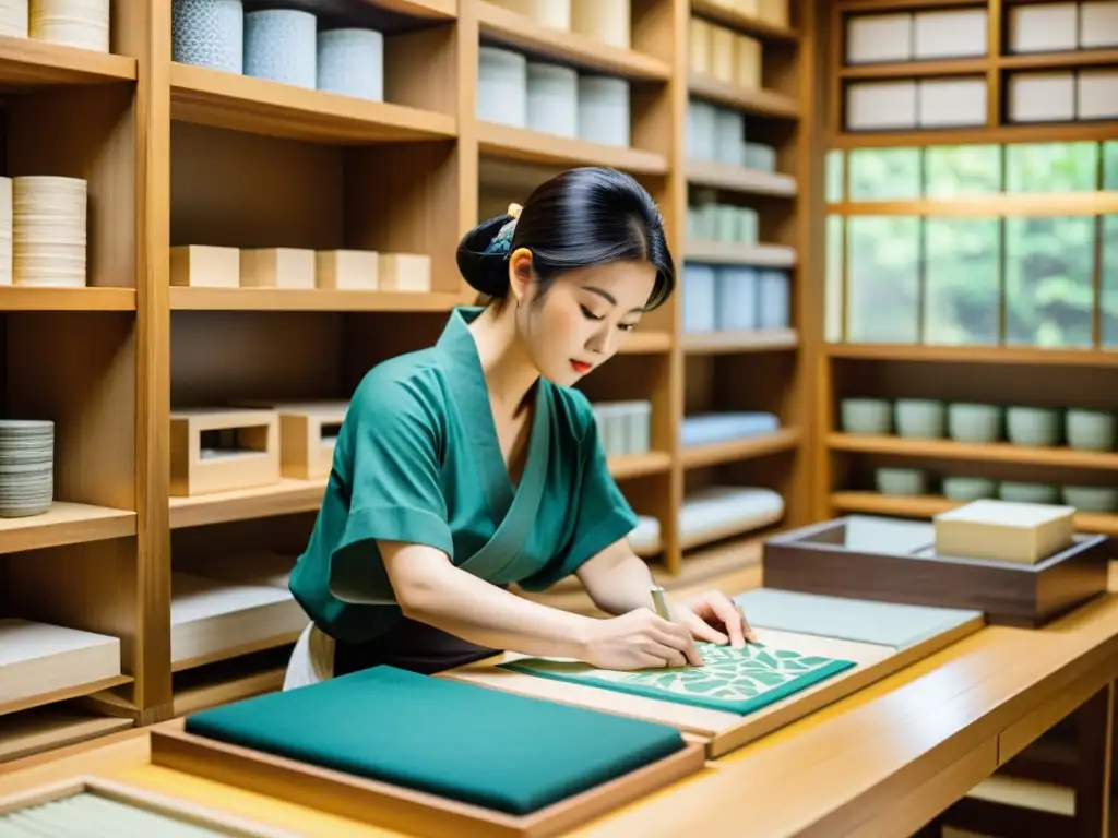 Artesanos japoneses tallando bloques de madera con diseños intrincados, rodeados de tintas vibrantes y papel washi