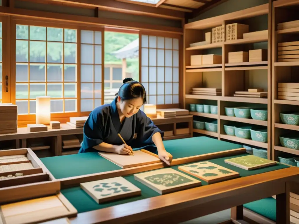 Artesanos japoneses tallan bloques de madera para ukiyo-e, rodeados de impresiones coloridas secándose en estantes