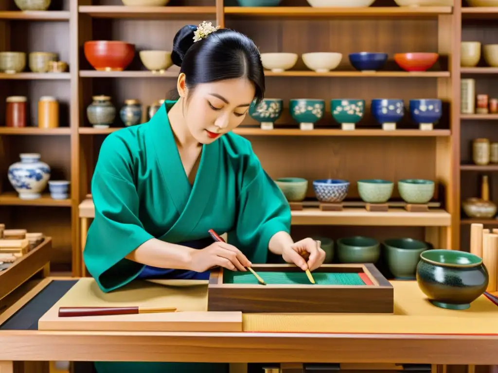 Artesanos japoneses tallando bloques de madera, rodeados de pigmentos y pinceles