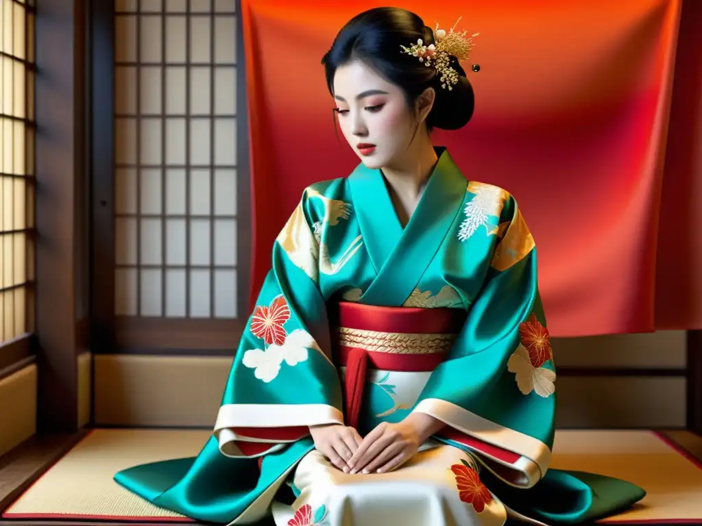 Artesanos japoneses crean un kimono con colores vibrantes y patrones intrincados, capturando la esencia de la evolución de la moda de lujo en Japón durante la era Meiji