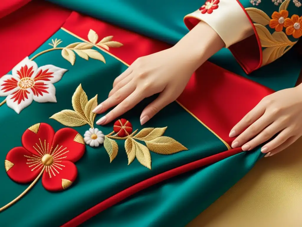 Artesanos japoneses bordando meticulosamente un kimono con técnicas tradicionales, ilustrando la evolución moda lujo japonesa