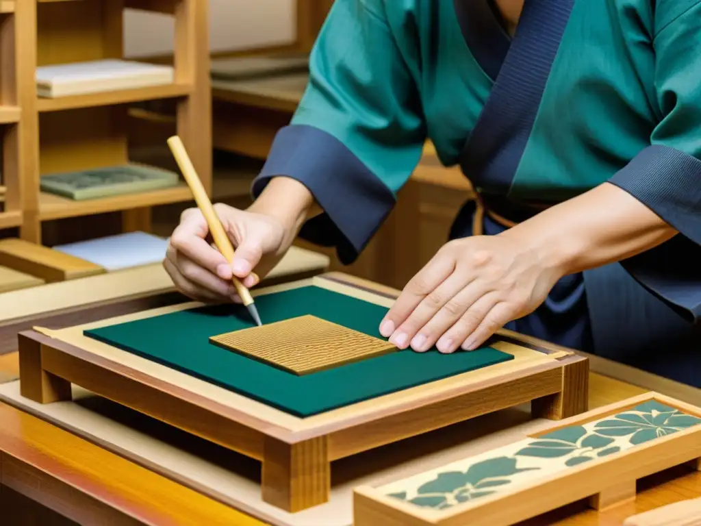 Artesanos japoneses realizando el proceso artístico de grabado en madera para ukiyoe, capturando la esencia de la tradición y la dedicación artística