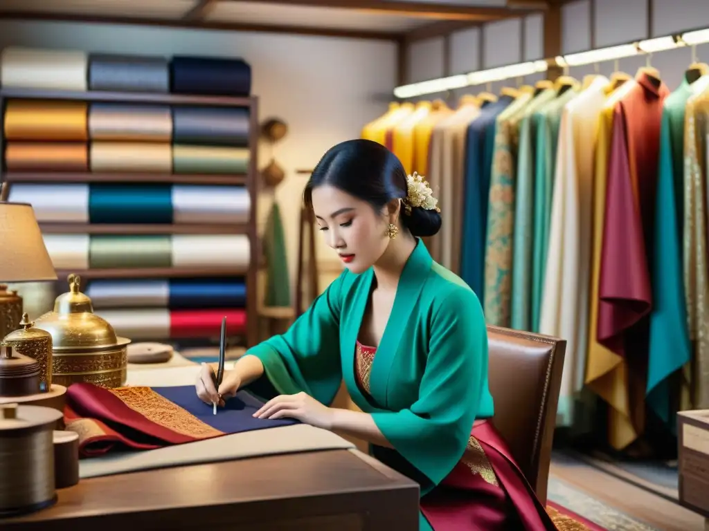 Artesanos de moda lujo asiática crean prendas exquisitas en taller tradicional lleno de colores y texturas vibrantes