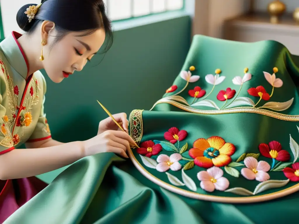 Artesanos de moda de lujo asiática bordando a mano un elegante vestido de seda con patrones florales intrincados