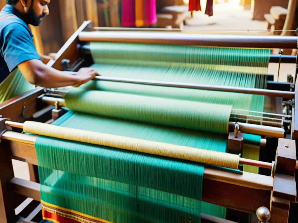 Artesanos hindúes tejiendo en telar con patrones vibrantes y materiales naturales, mostrando la riqueza del arte textil de India historia