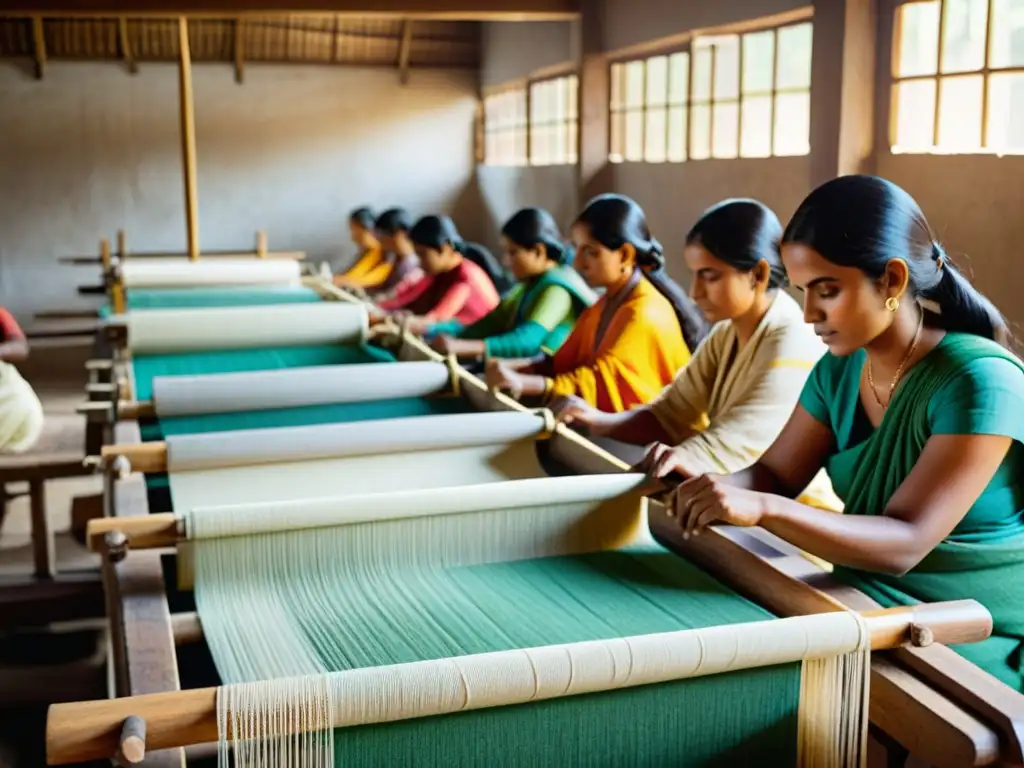 Artesanos tejiendo khadi en telares de madera, inmersos en la creación de moda en la India, con hilos coloridos y telas intrincadas