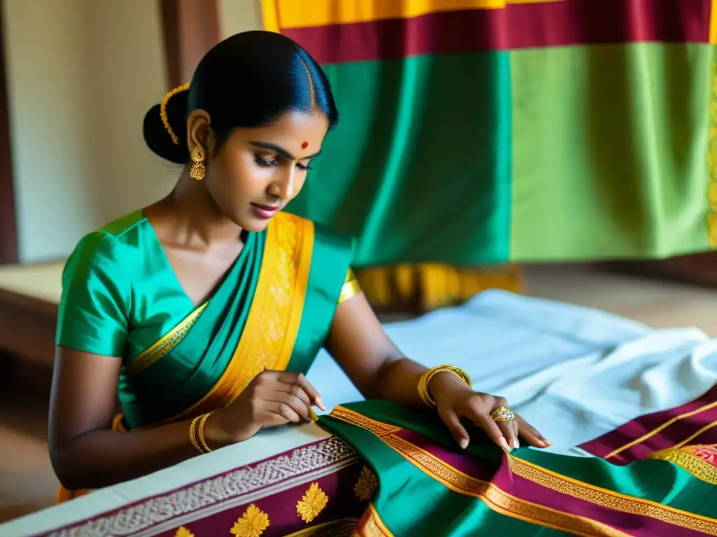 Artesanos creando textiles tradicionales en Sri Lanka, resaltando la moda de lujo en Sri Lanka y su rica artesanía