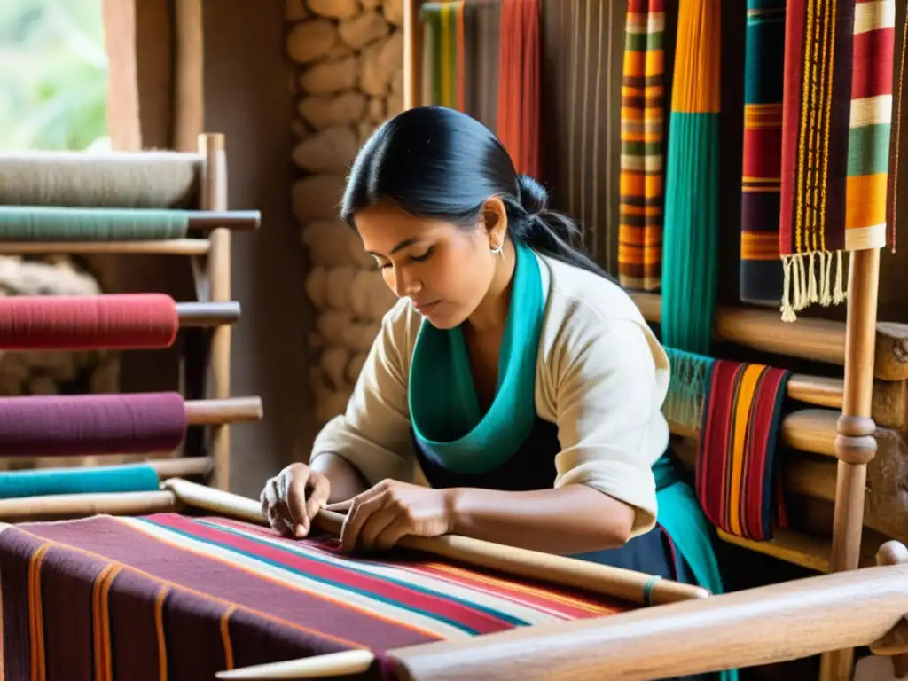 Artesanos tejiendo textiles tradicionales del Valle del Indo con hilos vibrantes y tintes naturales, destaca su meticulosa artesanía y ricos colores