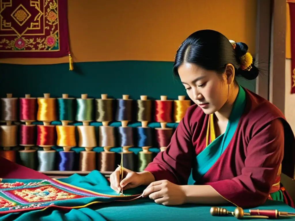 Artesanos tibetanos reinventando trajes típicos con bordados meticulosos en un ambiente auténtico y lleno de color