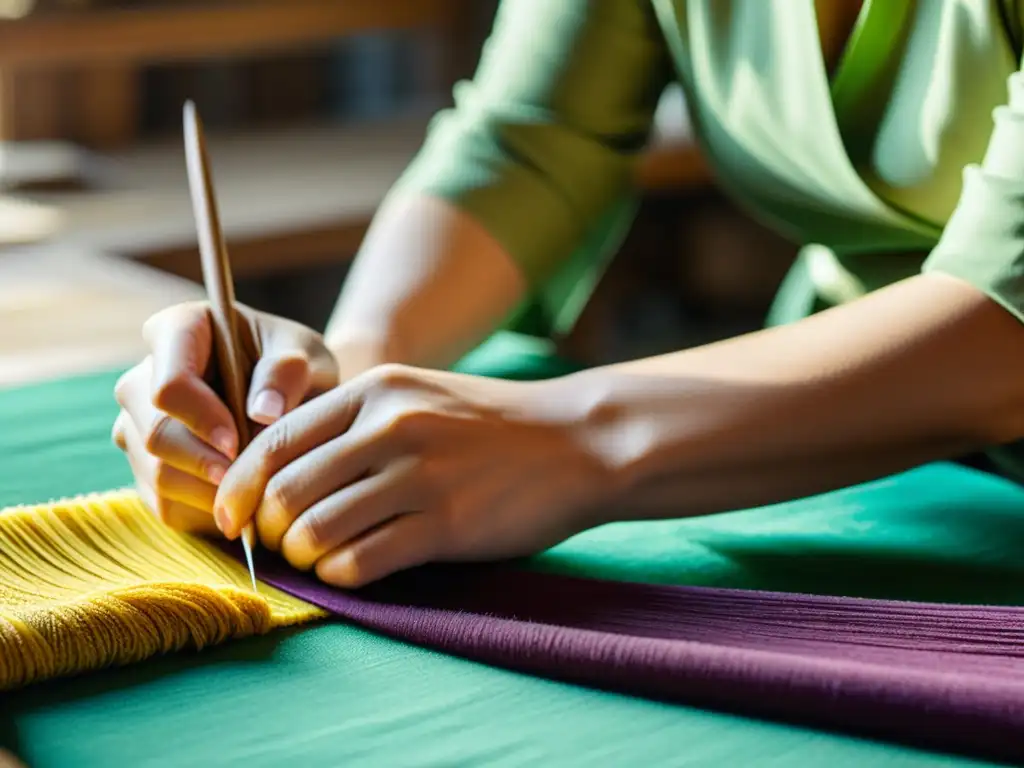 Artículos de lujo sostenible elaborados por habilidosos artesanos en un taller asiático, transmitiendo tradición y compromiso ambiental