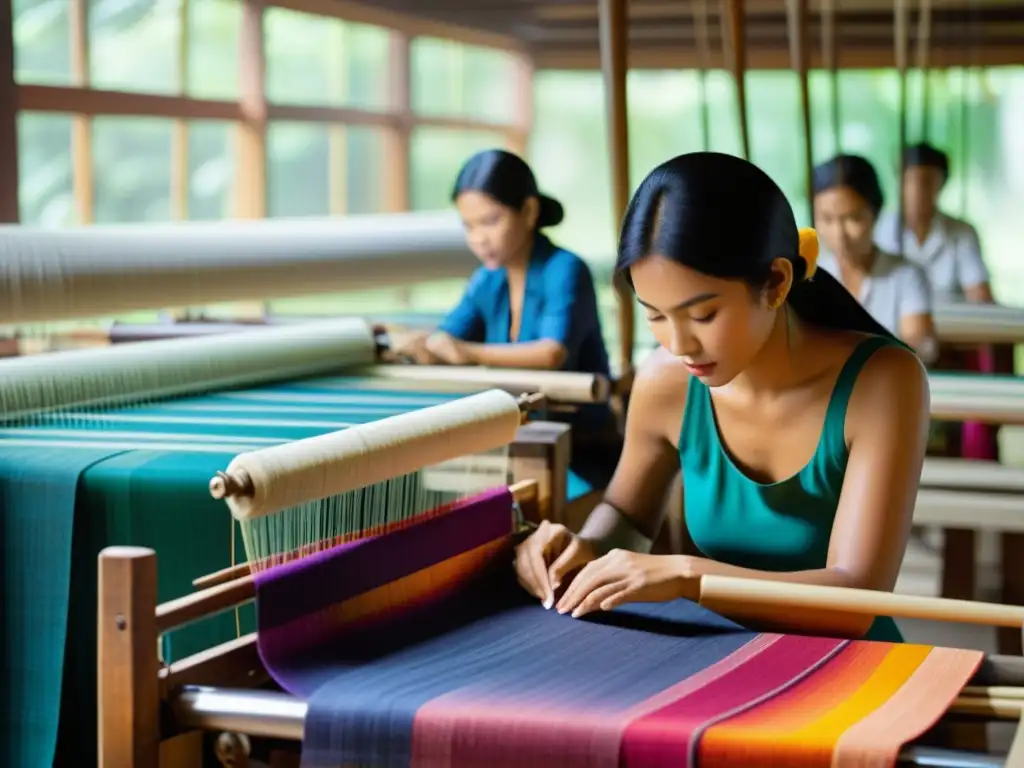 Artífices asiáticos tejen telas sostenibles con diseño innovador en un taller textil