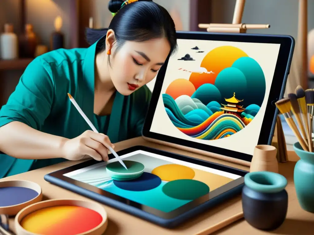 Un artista asiático fusiona arte tradicional con tecnologías modernas, creando una obra digital impresionante