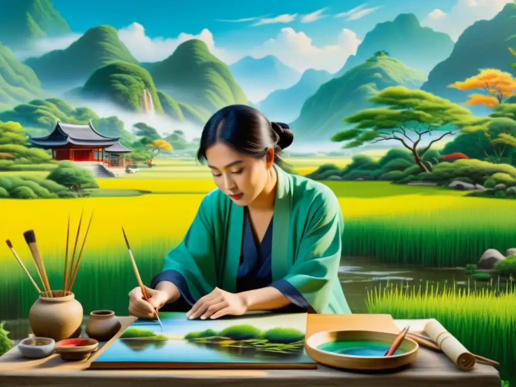 Artista asiático contemporáneo pintando un paisaje tradicional con técnica ancestral, inmerso en la serenidad de la naturaleza