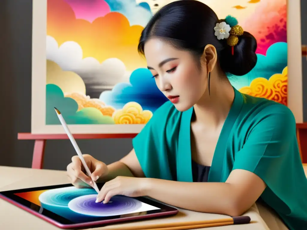 Un artista asiático utiliza una tableta digital para fusionar arte tradicional con tecnologías modernas, creando una obra colorida y detallada