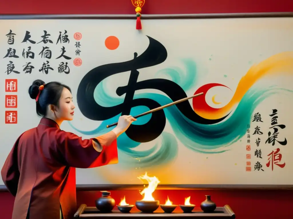 Un artista de caligrafía china pinta con maestría los cinco elementos en un pergamino, reflejando la profunda sabiduría y tradiciones culturales