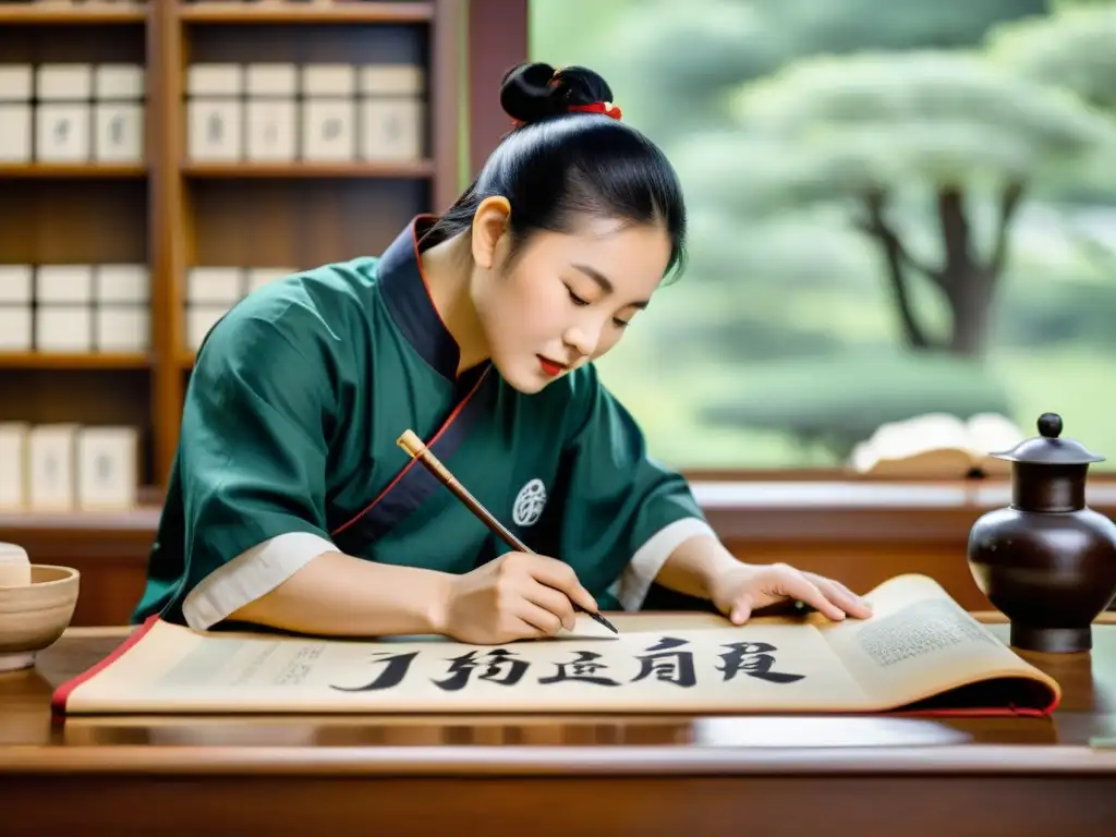 Maestro de caligrafía china crea arte milenario Un artista de caligrafía chino pinta con precisión en un pergamino, rodeado de libros antiguos