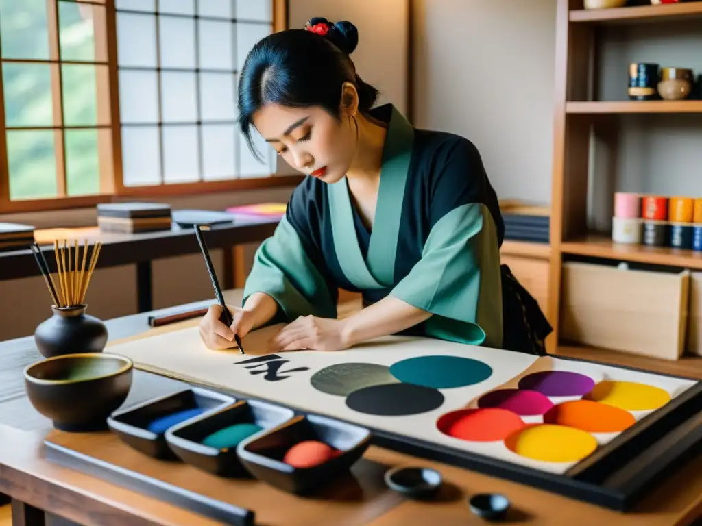 Un artista de caligrafía japonés crea caracteres con gracia y concentración, rodeado de colores y materiales vibrantes