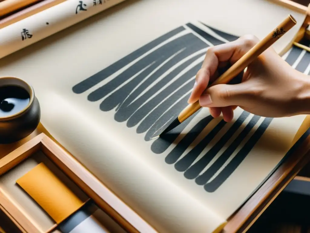 Un artista de caligrafía japonés crea caracteres intrincados con un pincel delicado en papel washi, rodeado de elementos tradicionales