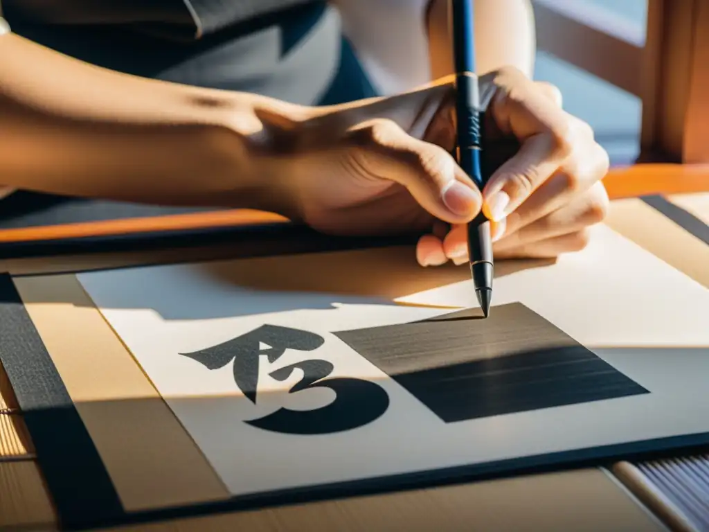 Un artista de caligrafía japonesa medita mientras crea elegantes caracteres con tinta sumi sobre papel washi, en un espacio armonioso y minimalista