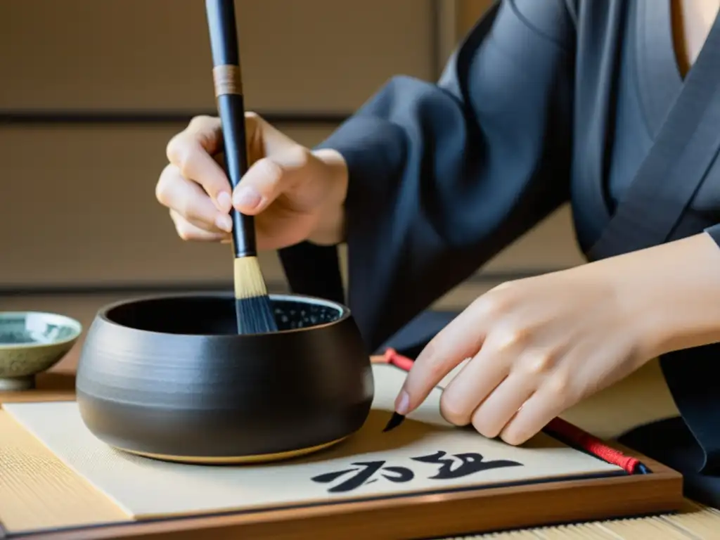 Una artista de caligrafía japonesa sumergida en la concentración, aplicando trazos precisos en papel washi, capturando la esencia de la significado caligrafía japonesa identidad