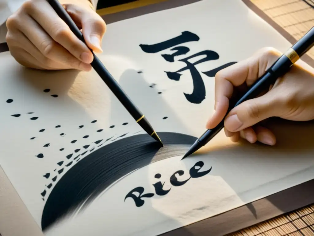 Un artista de caligrafía japonesa meditación crea con tinta negra sobre papel de arroz, transmitiendo tranquilidad y elegancia en cada trazo