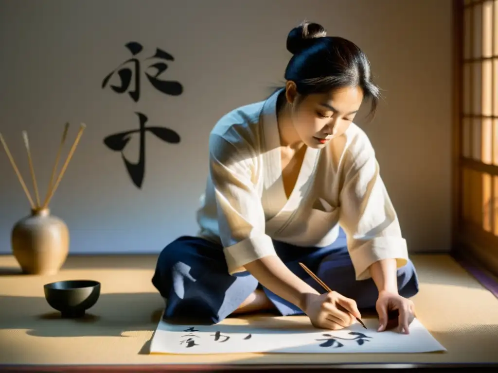 Un artista de caligrafía meditativa forma caracteres con concentración en un estudio iluminado por el sol