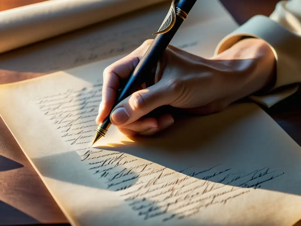 Un artista de la caligrafía occidental sostiene delicadamente una pluma sobre un pergamino texturizado