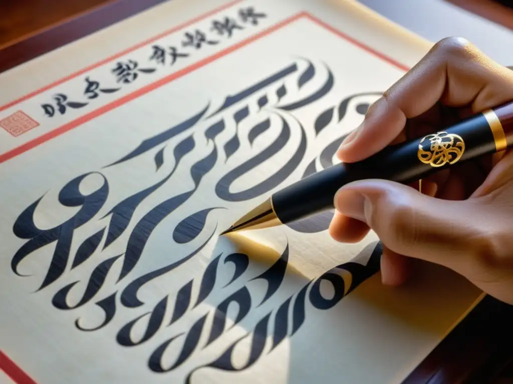 Un artista de caligrafía utiliza una pluma óptica con diseño de caligrafía china para crear caracteres intrincados en papel de arroz