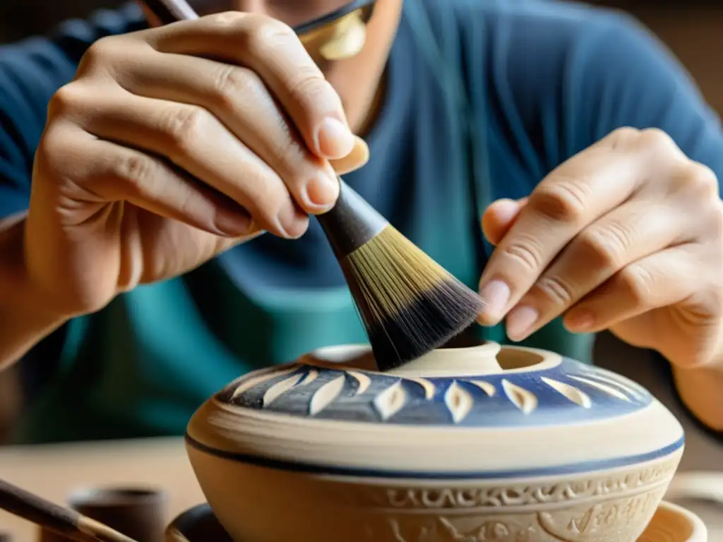 Artista restaurando cerámica asiática, aplicando pintura con precisión, preservando historia y belleza