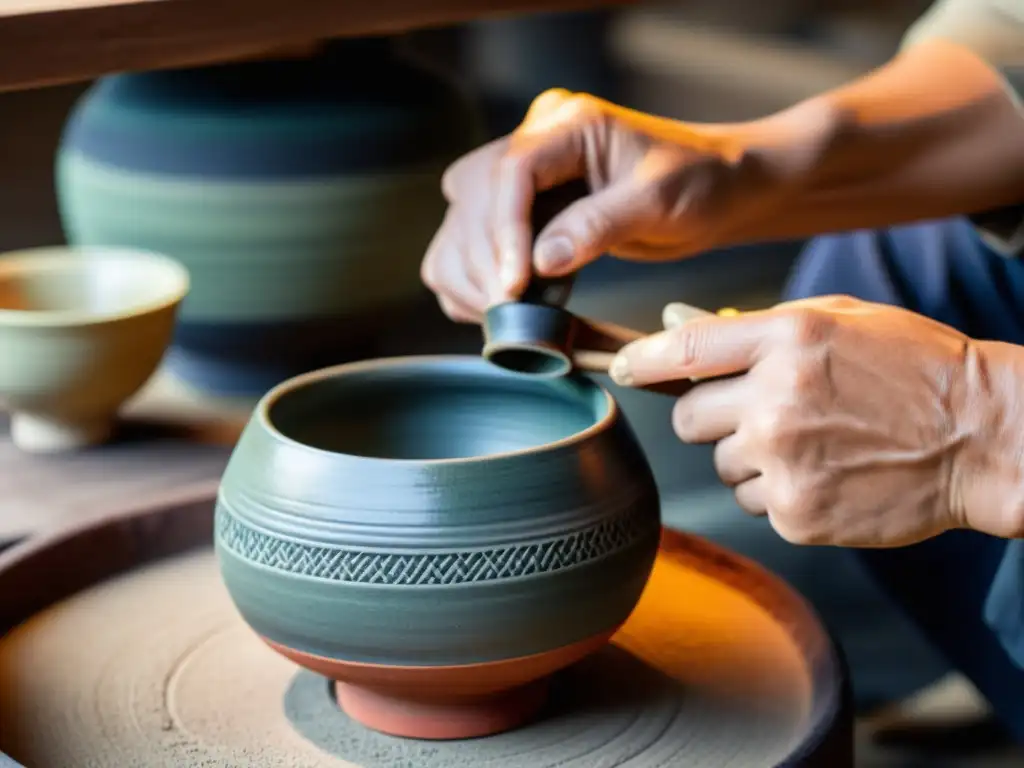 Un artista de cerámica japonesa tradicional moldea con precisión, mientras el horno emite un cálido resplandor