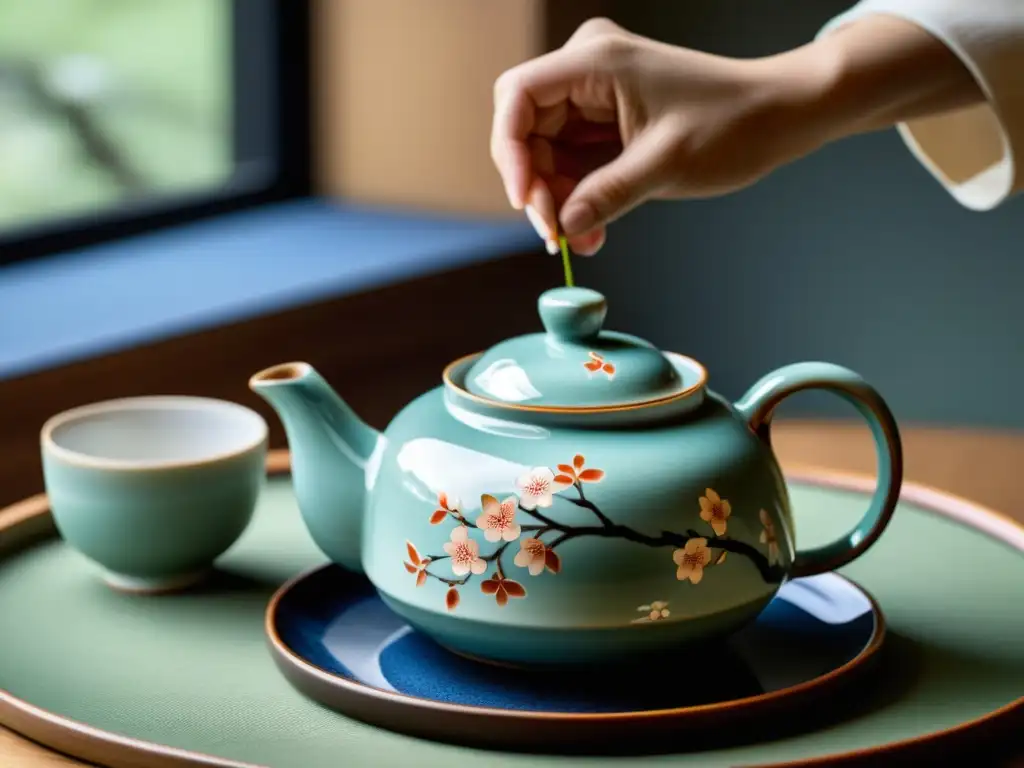 Un artista ceramista japonés pinta delicadas flores de cerezo en una tetera de porcelana