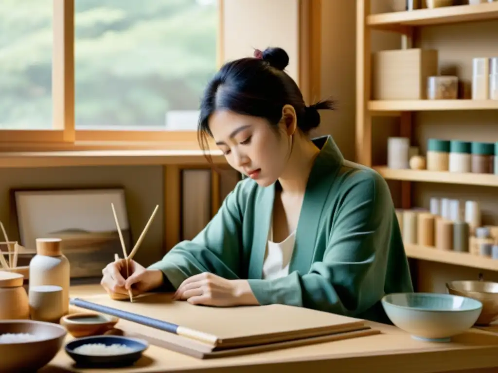 Una artista contemporánea japonesa trabaja en su estudio, fusionando la tradición y modernidad en el arte japonés