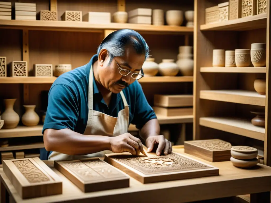 Un artista graba diseños intrincados en madera, rodeado de herramientas y bloques organizados, en un taller iluminado tenue