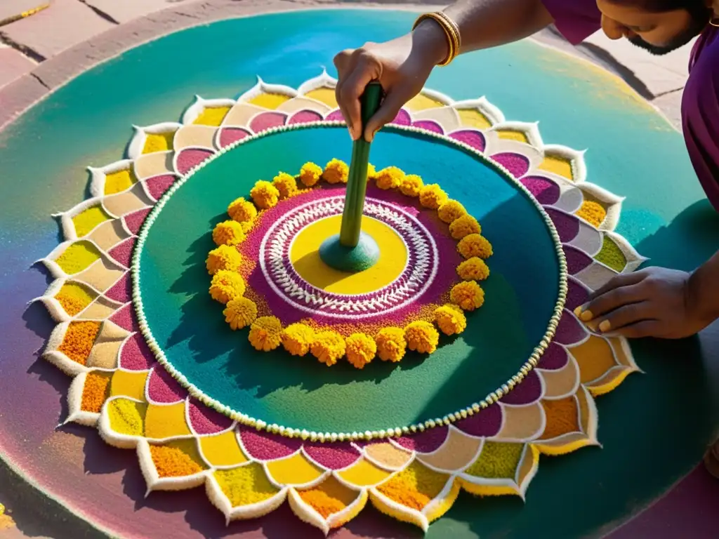 Artista hindú crea un efímero y vibrante diseño de rangoli, mostrando el significado y la belleza del arte hindú