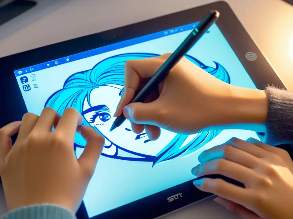 Un artista emergente utiliza una tablet gráfica para dar vida a un personaje de anime con habilidad y pasión