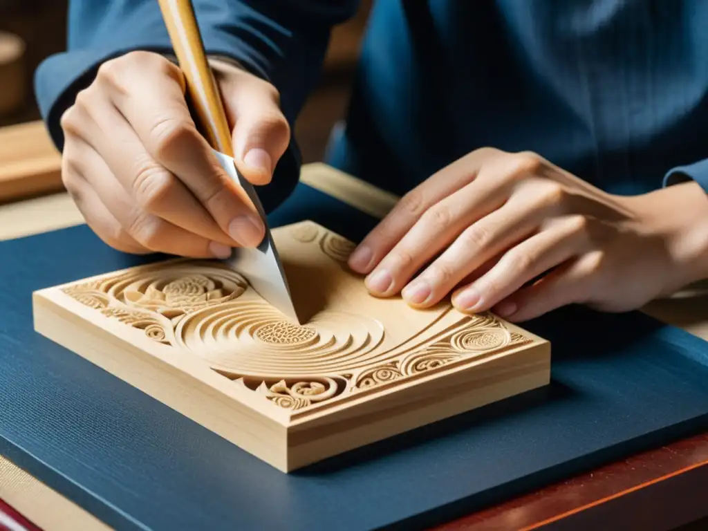 Un artista experto tallando con precisión una impresión ukiyoe en madera, mostrando el proceso artístico de grabado en detalle