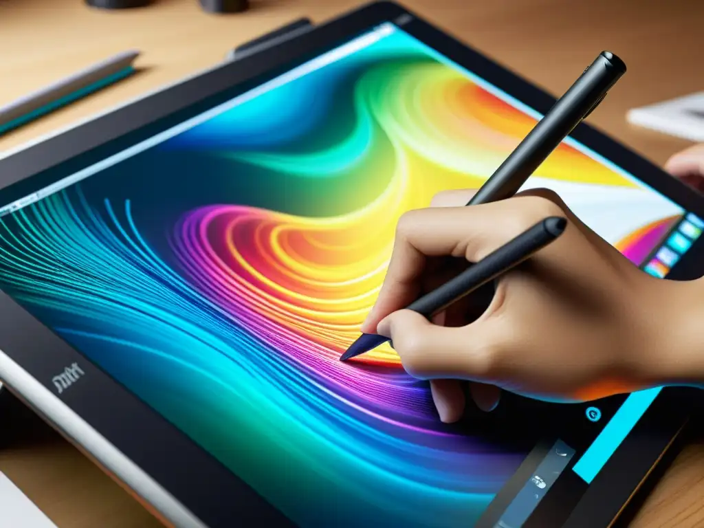 Un artista experto utiliza una tablet gráfica para crear una ilustración digital detallada con colores vibrantes y líneas intrincadas