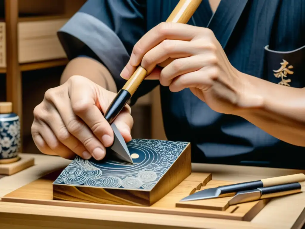 Un artista de grabado japonés talla con precisión en bloques de madera, inmerso en la estética del arte japonés contemporáneo