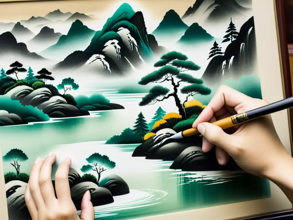 Un artista habilidoso crea una pintura de tinta china tradicional con cuidado y destreza, capturando la esencia de la naturaleza en cada pincelada