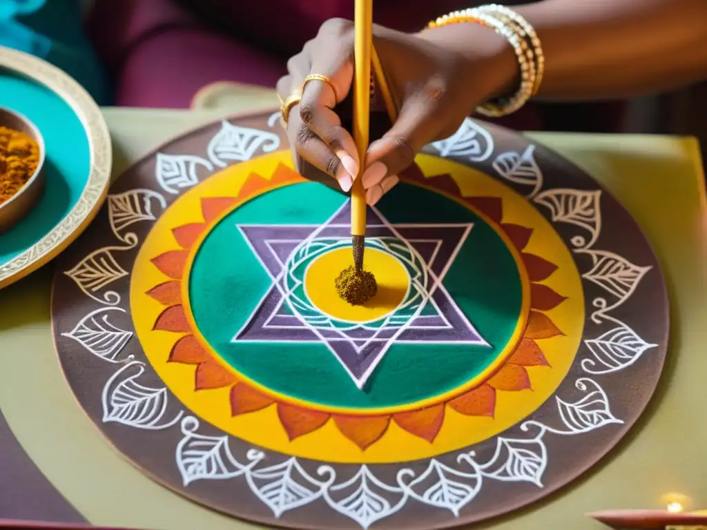 Un artista hindú habilidoso dibuja y consagra un yantra sanador con precisión, inmerso en una atmósfera espiritual